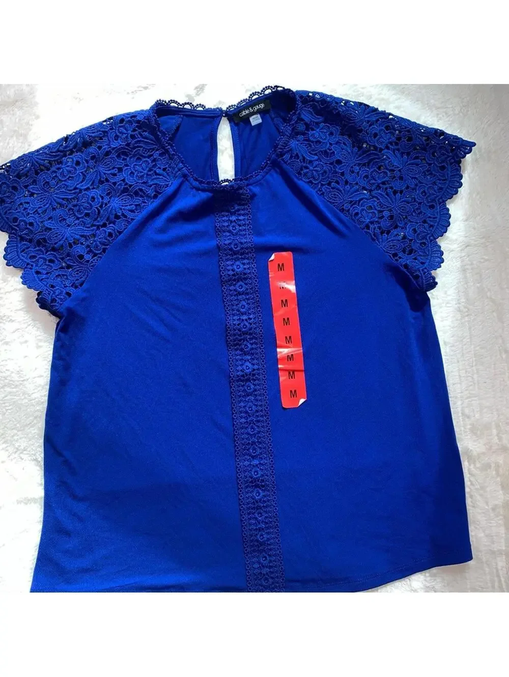 Cable & Gauge Women’s Royal Blue Lace Sleeve Blouse Button Detail Sz Med